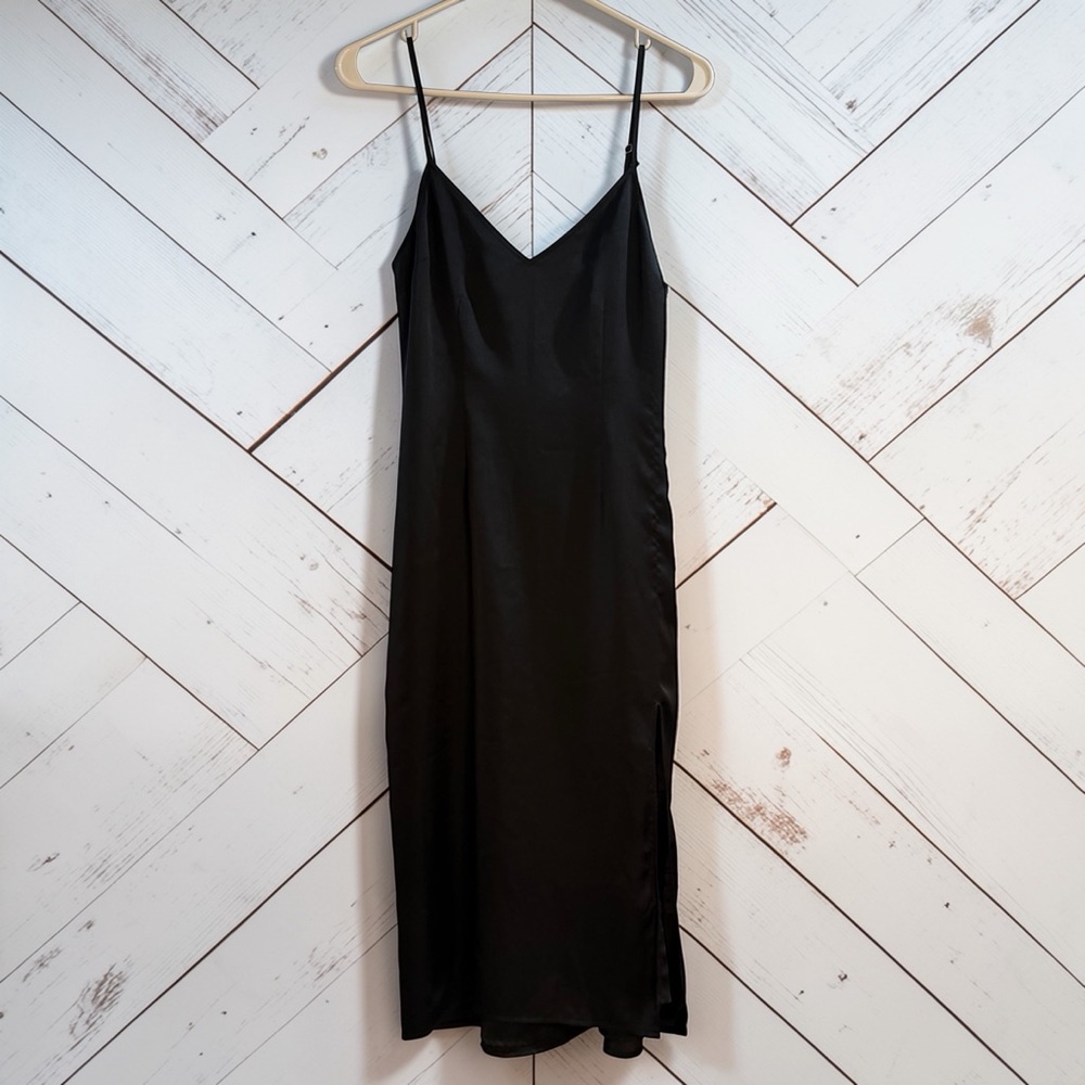 Abercrombie Black Satin Slip Dress Side Slit Minimalist XS